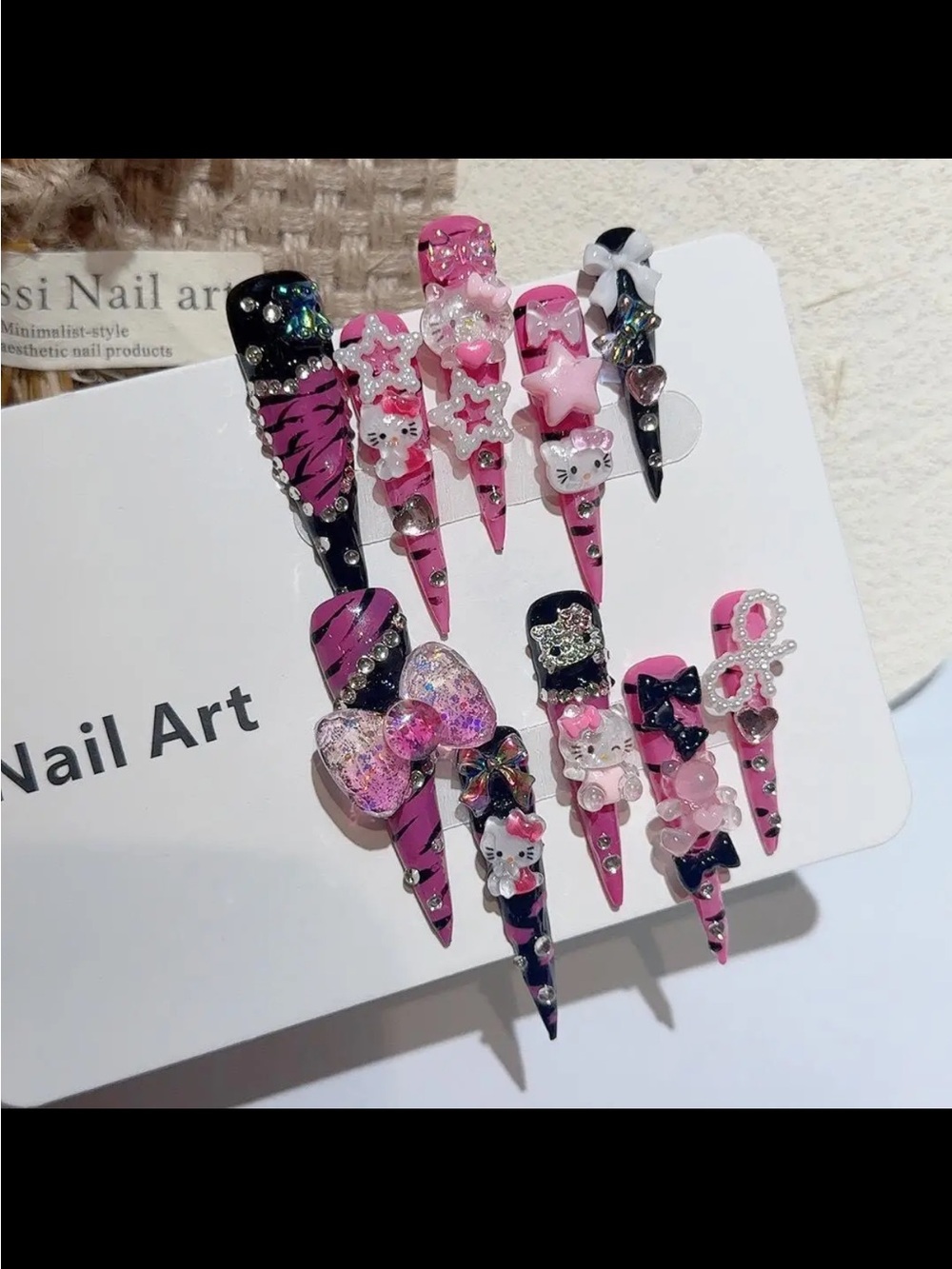 Pink & Black 3D Decorative Press-On Nail Set with Charms